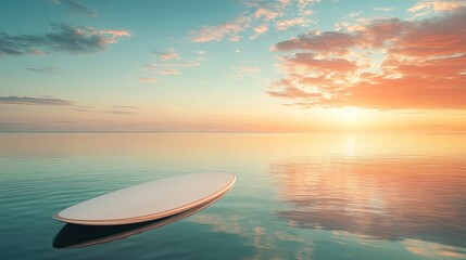 Poster - serene view of empty surfboard floating on calm water under vibrant sky symbolizing tranquility