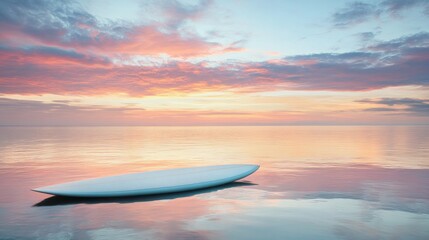 Poster - serene view of empty surfboard floating on calm water under vibrant sky symbolizing tranquility