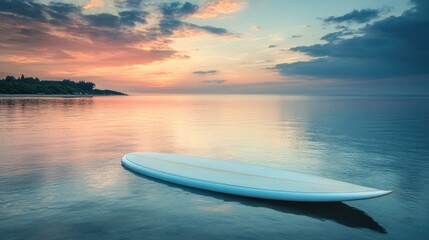 Poster - serene view of empty surfboard floating on calm water under vibrant sky symbolizing tranquility