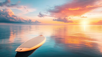 Poster - serene view of empty surfboard floating on calm water under vibrant sky symbolizing tranquility