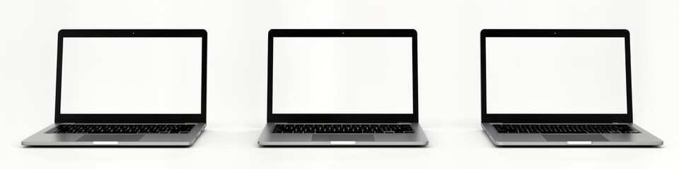Poster - Three modern laptops stand isolated on white background. Blank screens, grey metal bodies visible. Represent portable tech, digital devices, open possibilities. Image ideal for tech products business