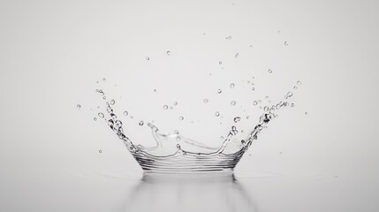 Poster - Crown shaped water splash creating ripples and droplets on a smooth water surface, set against a bright white background, captures the essence of fluid motion and freshness