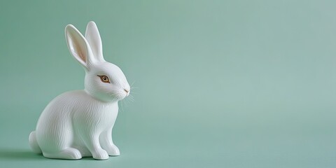 Poster - white ceramic bunny figurine sitting on pastel green solid background