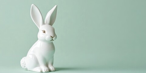 Poster - white ceramic bunny figurine sitting on pastel green solid background