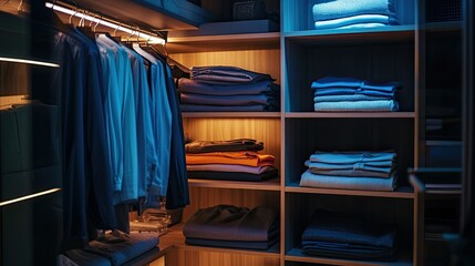 Poster - open closet with neatly folded clothes and organized shelves offering clear copy space