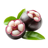 Fresh mangosteens with vibrant green leaves resting on a clean transparent background, showcasing their unique appearance, mangosteens garcinia mangostana or manggis with leaf on transparent