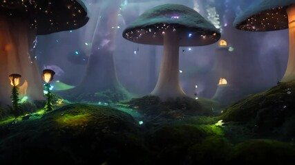 Wall Mural - a hidden fairy village inside a giant mushroom forest illuminated by glowing spores