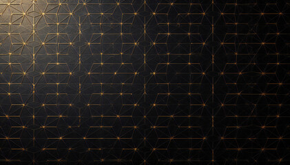 Wall Mural - A dark background with a geometric pattern of interconnected golden lines forming a hexagonal grid.
