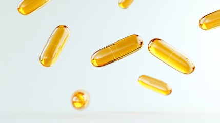 Poster - Several translucent golden vitamin pills are floating and levitating on a light blue background, creating a visually appealing and informative image about health and wellness