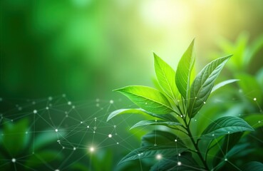 Poster - Fresh green leaves connected by digital grid. Bright glowing leaves on eco background. Beautiful plant on green background. Natural light shines through leaves. Futuristic tech concept for ecology.