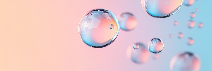 Poster - Transparent bubbles of varying sizes are floating against a soft, pastel colored background, creating a dreamy and ethereal atmosphere with a sense of weightlessness and tranquility