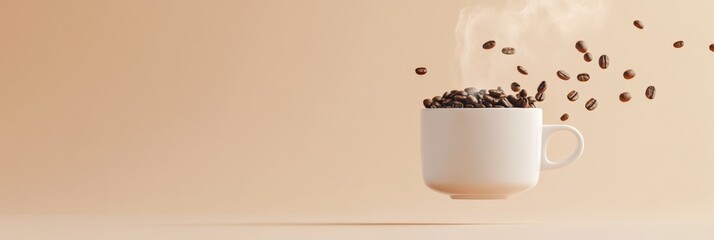 Poster - Steaming white coffee cup floats in mid air with roasted coffee beans suspended around it against a minimalist beige backdrop, creating a visually appealing scene with copy space