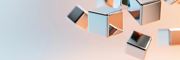 Poster - Metallic cubes are levitating in pastel colors background, creating a visually appealing abstract composition with a focus on geometric shapes and soft hues