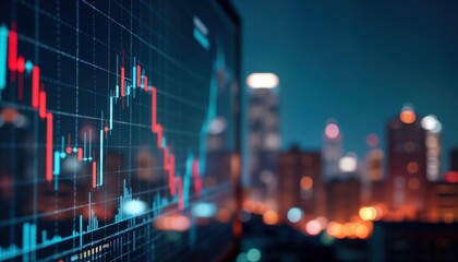 Poster - financial chart shows falling graph on screen. metropolitan cityscape with illuminated buildings in 