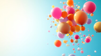 Poster - Colorful balloons of various sizes float in a clear blue sky, illuminated by bright sunlight, creating a cheerful atmosphere for joyful celebrations