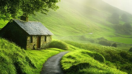 Poster - rustic irish cottage surrounded by green hills with narrow path leading toward entrance under soft light