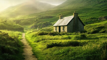 Poster - rustic irish cottage surrounded by green hills with narrow path leading toward entrance under soft light