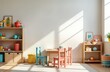 © Viktor - Playroom with wooden table, chairs colorful toys on shelves near white wall. Modern, stylish design for child care center home play area. Interior features comfortable furniture, playful decor.