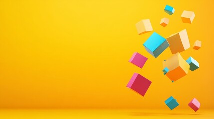 Aufkleber - Colorful cubes of various sizes levitating against a vibrant yellow backdrop create a dynamic and playful composition, evoking feelings of joy and imagination in a modern, abstract design