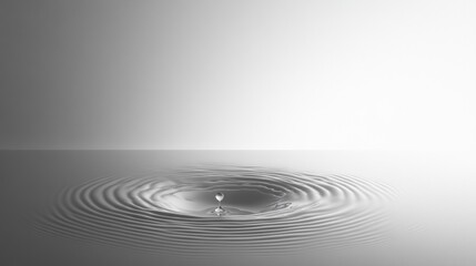 Poster - Perfectly formed droplet falling into still water, creating concentric ripples in a symmetrical pattern, illuminated by soft, diffused gray light