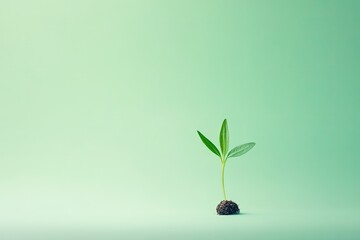 Poster - single sprouting seedling placed in center of smooth pastel green background illuminated by soft natural light