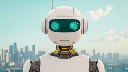 Poster - Futuristic White Robot in Cityscape Background AI Technology Innovation Concept