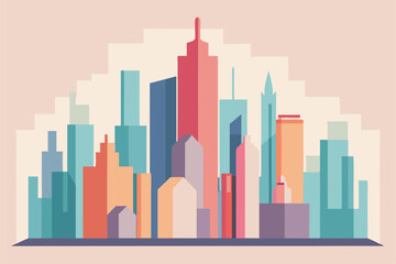 Poster - The artwork displays a vibrant city skyline with pastel-colored skyscrapers arranged in an abstract style, Abstract city skyline in pastel colors, minimalist simple modern vector logo design