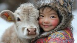 Winter Wonderland: A Child's Gentle Embrace with a Calf