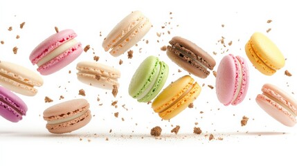 Poster - Colorful macarons of different flavors are levitating on a white background, surrounded by delicious crumbs, creating a visually appealing scene