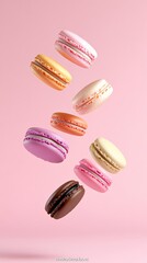 Aufkleber - Nine colorful macarons levitating against a vibrant pink backdrop create a playful and tempting visual, inviting indulgence with their sweet, pastel hues and elegant presentation