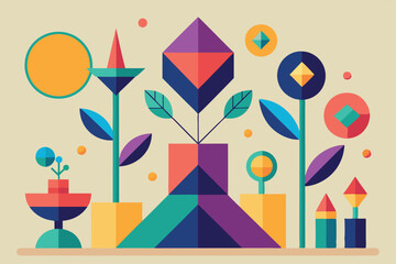 Poster - Brightly colored geometric shapes depict growth and creativity in a contemporary design, showcasing cultural elements, Abstract geometric shapes representing growth and stability