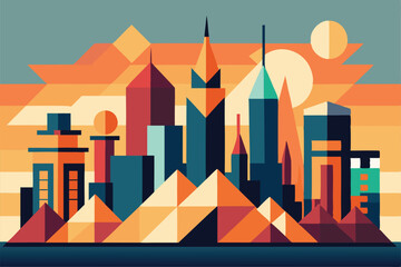 Poster - This artwork showcases a stylized city skyline composed of geometric shapes during a colorful sunset, Abstract interpretation of a city skyline with geometric shapes