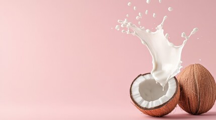 Aufkleber - Coconut milk is splashing from a levitating opened coconut half, next to a whole coconut, on a clean pink background, creating a dynamic and refreshing scene