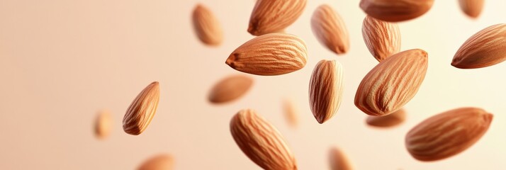 Aufkleber - Levitating almonds create a dynamic and energetic composition against a beige background, perfect for highlighting healthy snacks and promoting food and beverage products