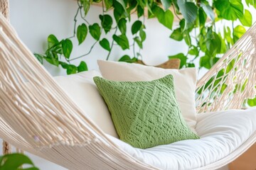 Canvas Print - Indoor hammock corner with macrame decor and trailing plants creating a relaxed creative space with soft pillows and greenery