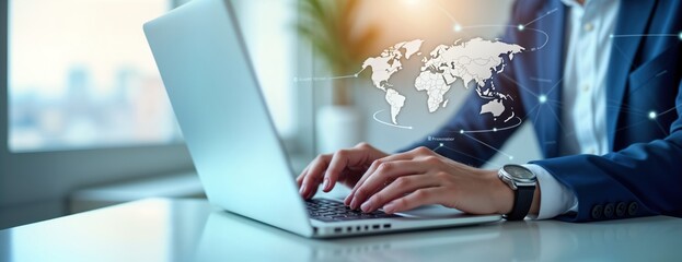 Poster - Businessman works on laptop with global network connection. Data exchange on global business. Digital tech used for investment planning. Modern business intelligence. Businessman uses tech for