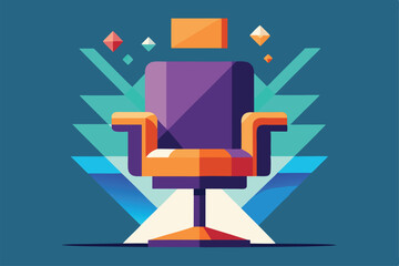 Poster - A stylized salon chair stands against a colorful backdrop featuring geometric designs and vivid hues, An abstract interpretation of a salon chair in a modern, geometric style
