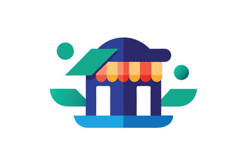 Poster - A colorful abstract design showcases a small storefront surrounded by stylized elements and shapes, An abstract representation of a digital marketplace, minimalist simple modern vector logo design