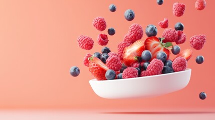 Aufkleber - Fresh raspberries, blueberries, and sliced strawberries levitating into a white bowl against a coral background, creating a vibrant composition of healthy eating and freshness