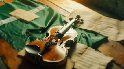 An Irish fiddle rests on a warm wood surface, surrounded by sheet music, sparking St. Patrick's Day nostalgia