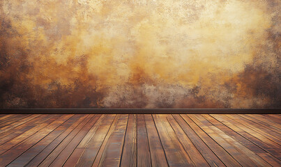 An empty room with a vibrant earthy brown wall and polished wooden floor, minimalistic, ready for product display, furniture placement or lifestyle setups