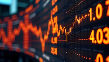 Poster - digital display shows stock market data. charts display rising, falling trends. real-time financial 