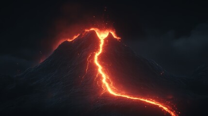 Poster - Glowing orange lava flows down the side of a dark volcano at night, illuminating the surrounding landscape with its fiery glow, creating a dramatic and powerful scene of natural force