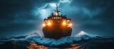Ship sailing stormy ocean, lightning background