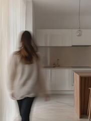 Sticker - Stylish kitchen interior of modern apartment with motion blurred female person walking inside Interior made in white and beige tones with wooden kitchen front and floor : Generative AI