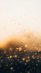 Poster - Raindrops clinging to a glass surface during a golden hour sunset, creating a mesmerizing bokeh effect with blurred lights in the background, evoking a tranquil and atmospheric mood