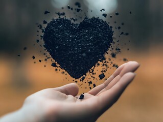 Poster - A Captivating Image of a Heart-Shaped Cloud of Dark Soil and Particles Floating Above an Open Hand, Symbolizing Love, Emotion, and Nature's Beauty