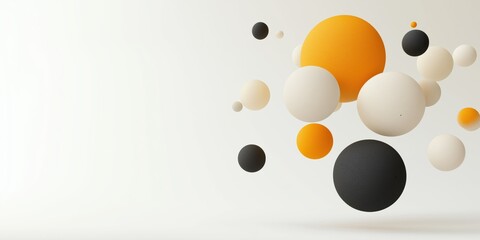 Poster - A white background with a bunch of different colored balls scattered around it. The balls are of various sizes and colors, including black, white, and orange. Concept of chaos and randomness