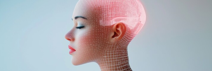 Poster - A woman's face is shown with a computer generated brain. The brain is red and white, and the woman's face is shown in a very detailed and realistic manner