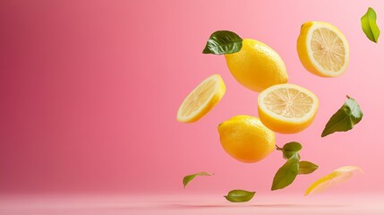 Poster - Whole and sliced fresh yellow lemons with green leaves are levitating on a vibrant pink background, creating a dynamic and refreshing visual